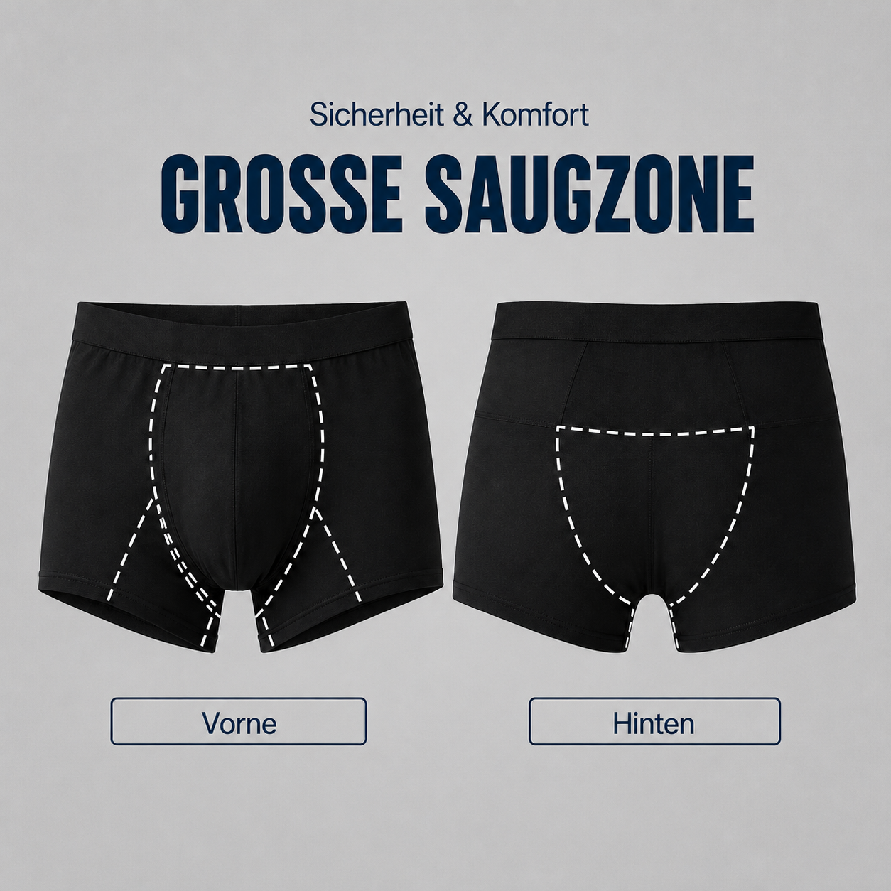Vorder- und Rückansicht der großen Saugzone bei Herren-Inkontinenz-Boxershorts