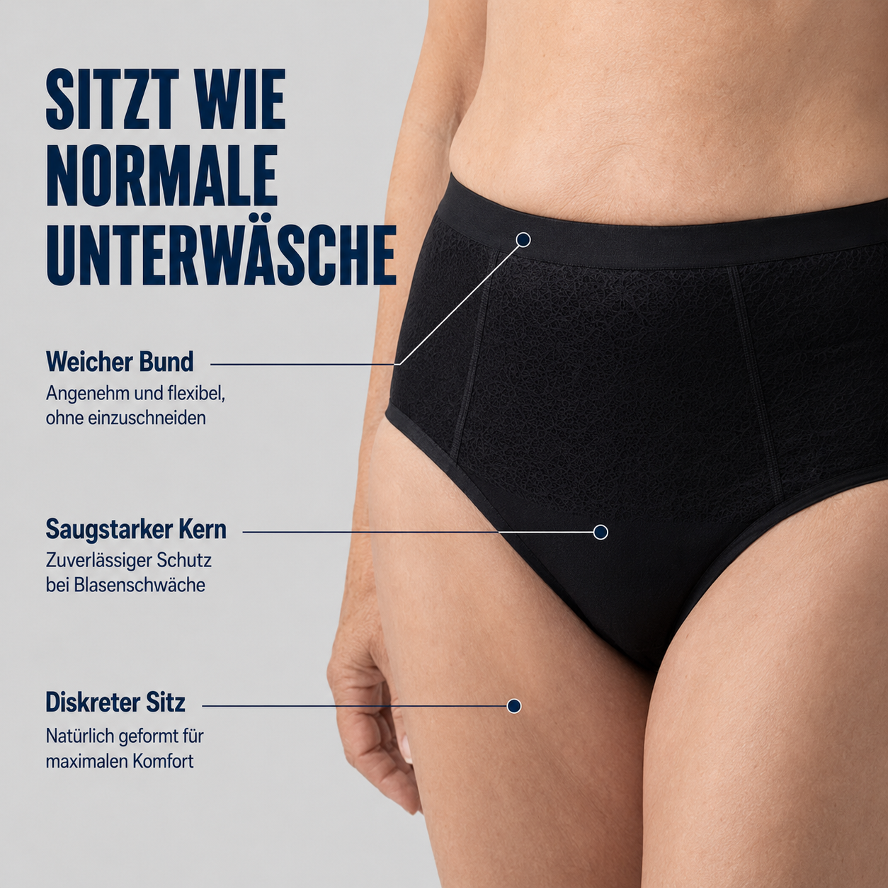 Schwarze Damen-Inkontinenzunterwäsche mit weichem Bund, diskretem Sitz und saugstarkem Kern.
