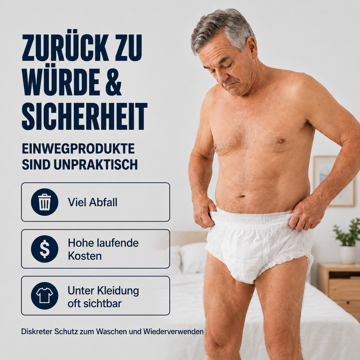 Mann mit Einweg-Inkontinenzslip als Vergleich zu waschbarer Schutzunterwäsche